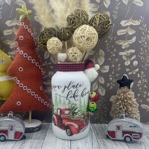 Hand painted red truck Christmas jar